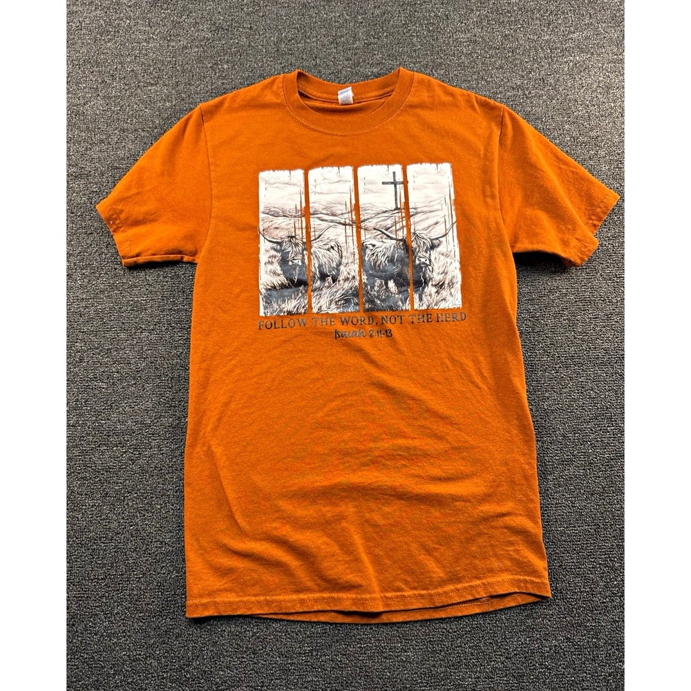 JERZEES  Orange Graphic Crew Neck T-Shirt Follow the Word Not The Herd S